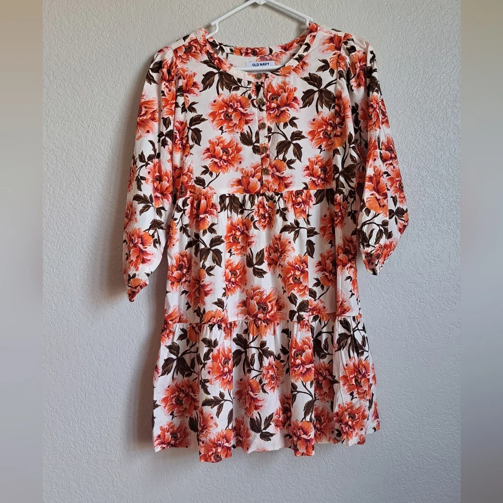 Old Navy Girls Orange Floral Longsleeve Swing Dress Size Large 10-12